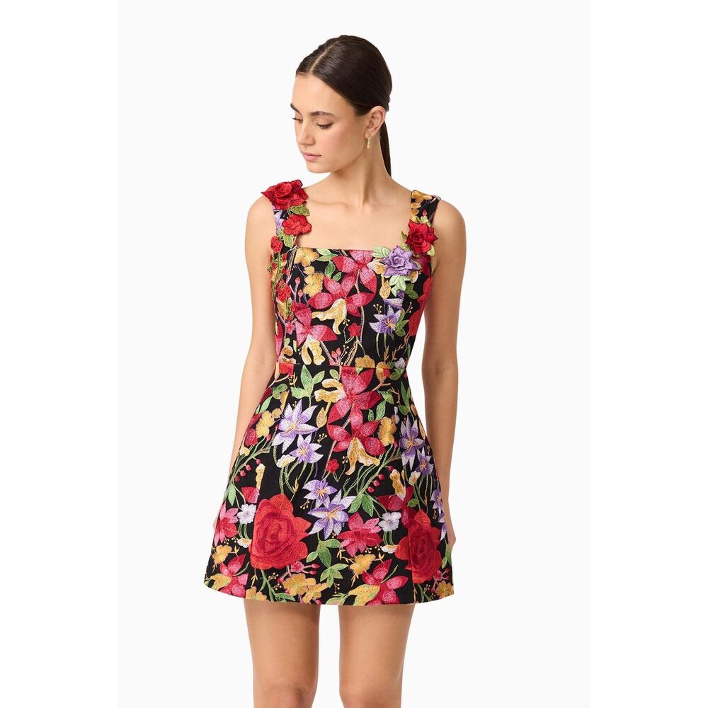 ELLIATT Talia Mini Dress Black Floral Wedding Guest Cocktail size M Flaw !! - Picture 2 of 9